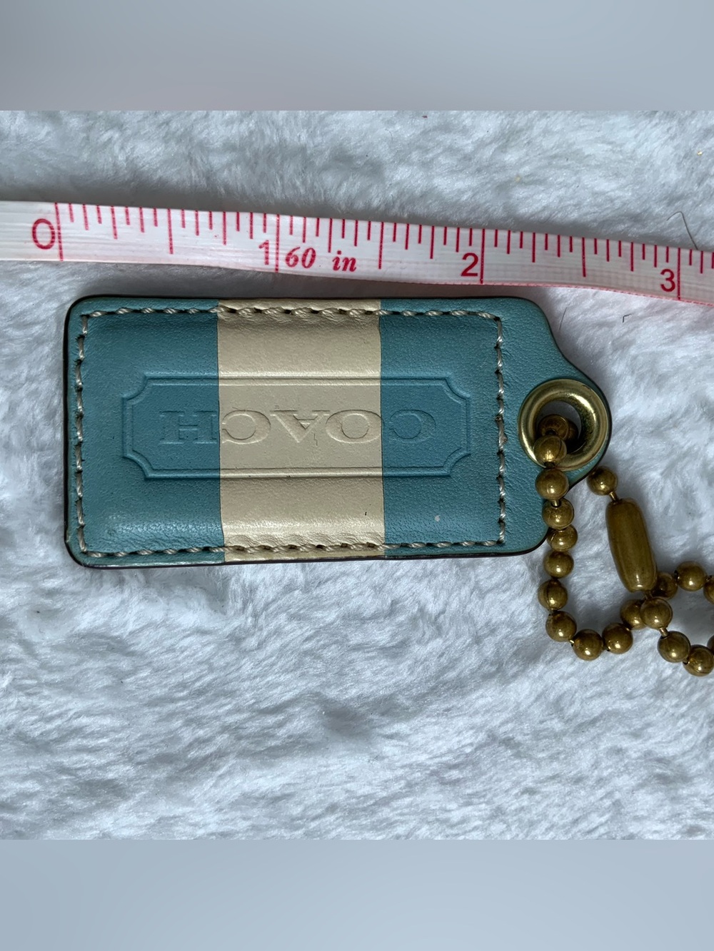 Coach Teal and Cream Leather Key Tag with Brass Hardware (55)